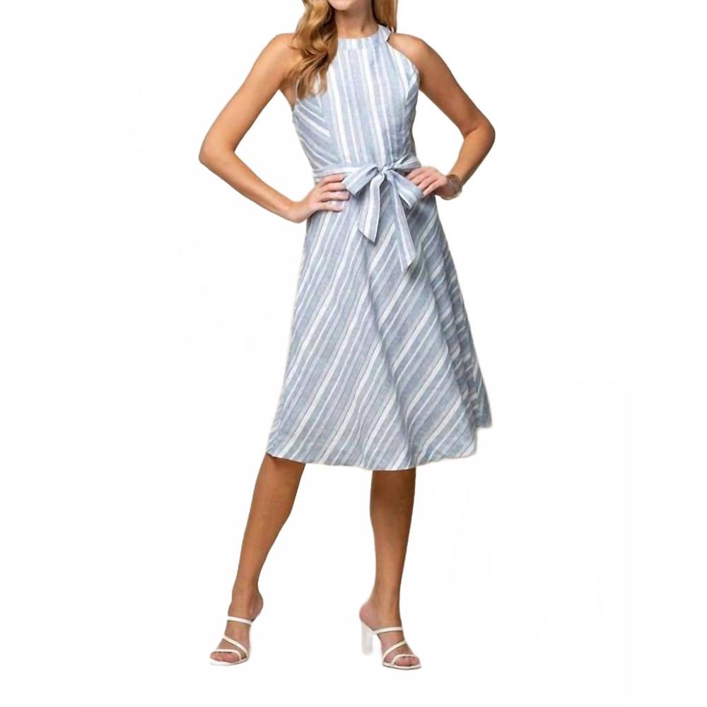 NEW DOE AND RAE halter neck multiple stripe midi dress in blue/ivory